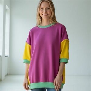 331. Crewneck short sleeve sweatshirt purple gold green